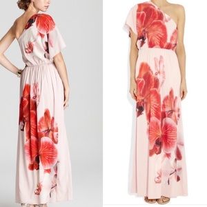 Alice + Olivia Floral Print Crepe de Chine One Shoulder Maxi Dress